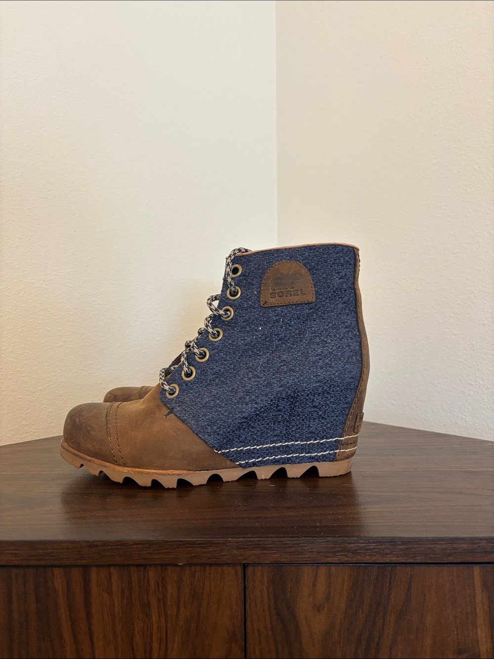 Sorel Brown Leather & Blue Denim Wedge Ankle Boots